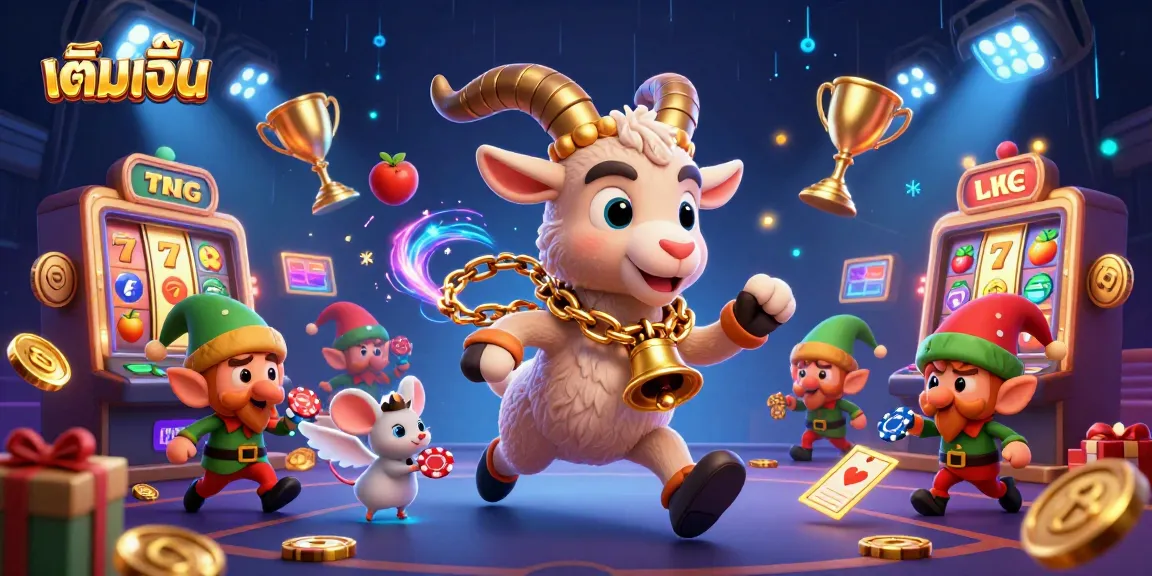 เติมเงิน your casino experience with a playful Krampus and lively characters in a vibrant gaming scene.