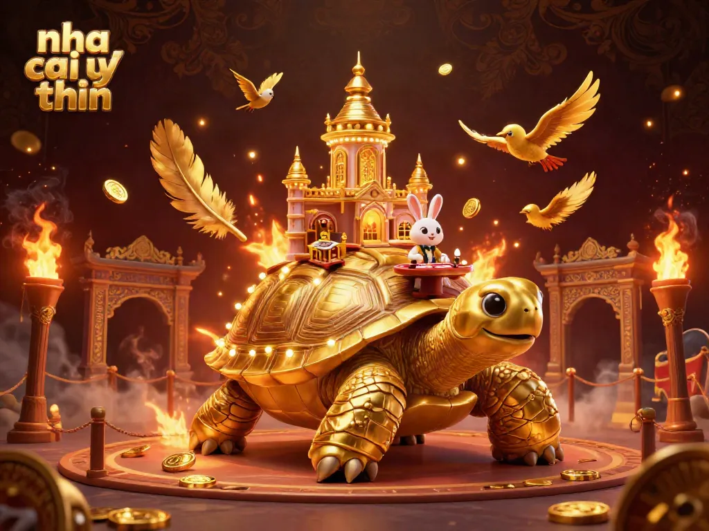 Experience thrilling gaming at nha cai uy tin with a vibrant casino scene featuring a golden tortoise and rabbit dealer.