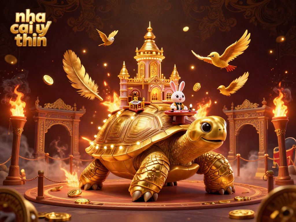 Experience thrilling gaming at nha cai uy tin with a vibrant casino scene featuring a golden tortoise and rabbit dealer.