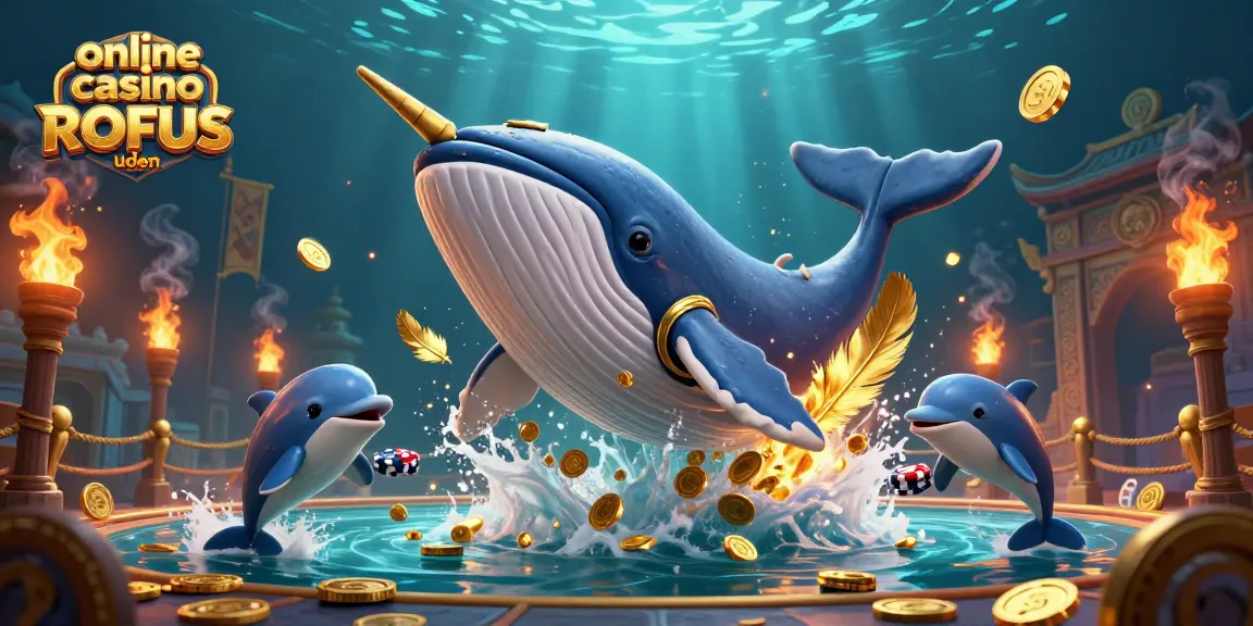 Engage with the excitement of online casino uden ROFUS showcasing a whimsical scene of a whale and dolphins.