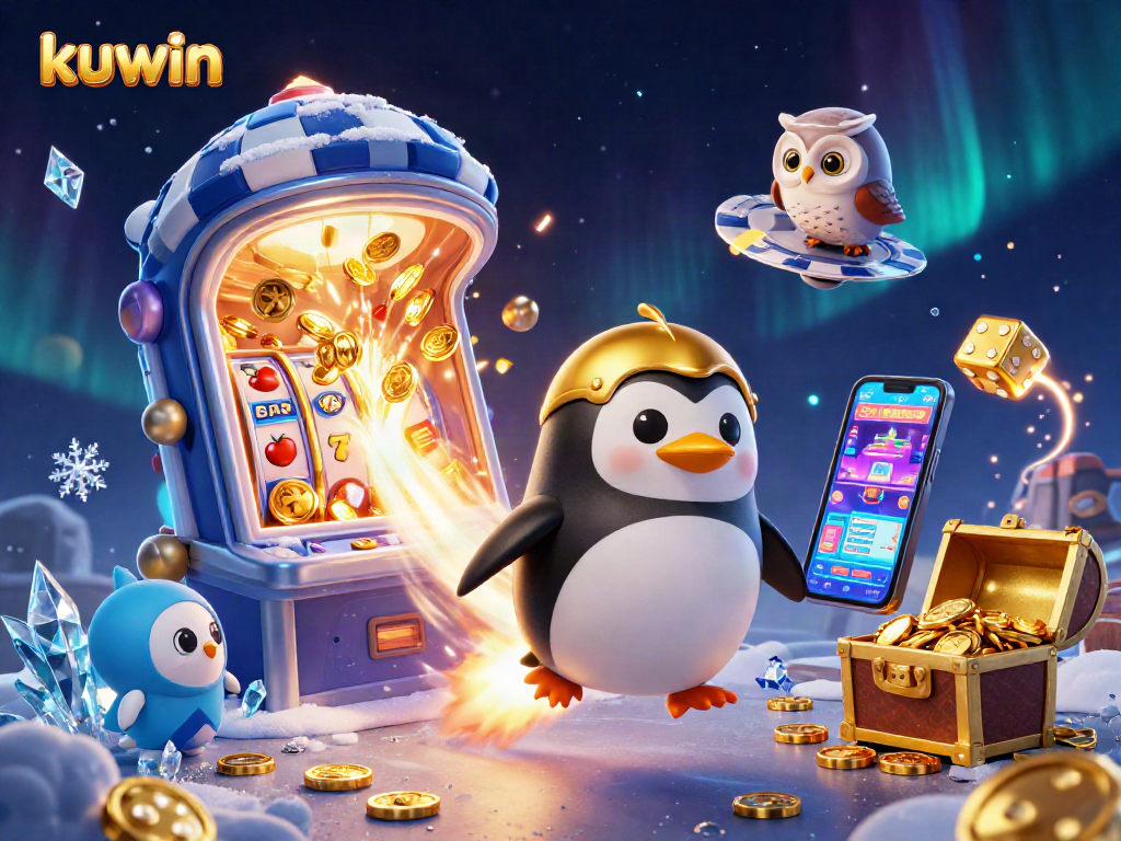 Play exciting games at kuwin with a vibrant scene of a golden penguin flying to a casino space station.