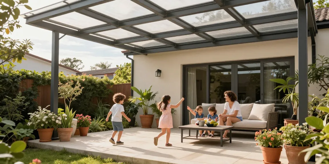 Moderne Terrassenüberdachung mit Familie, die einen sonnigen Nachmittag genießt.