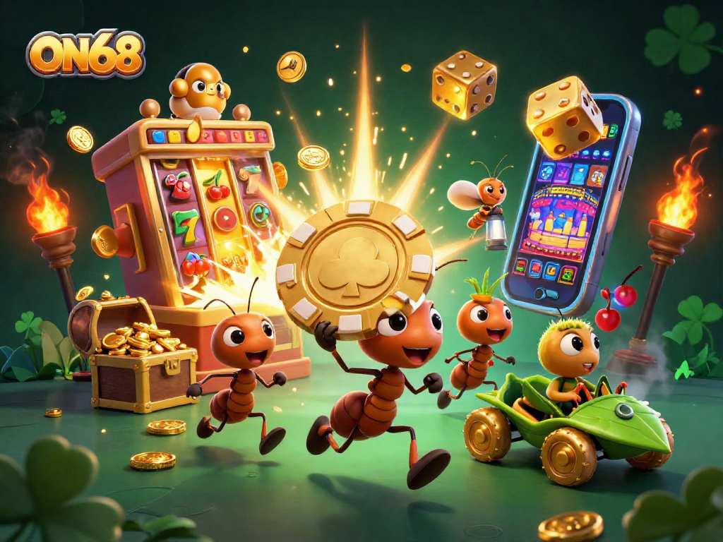 Embark on an adventure with ON68 as ants steal a giant poker chip while immersed in vibrant casino elements.