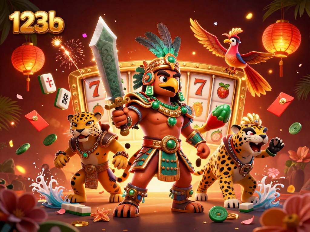 Spin the reels with 123b in this vibrant casino scene featuring rich Aztec elements and dynamic game symbols.