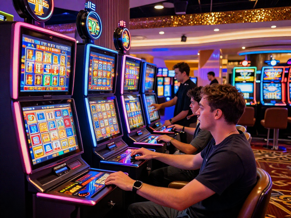 Excited players enjoying various slot machines at a casino with jackpot symbols lighting up, reflecting the thrill of gaming.