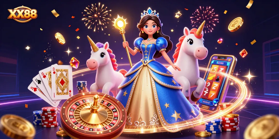 Experience the excitement of XX88 with vibrant casino scenes featuring dynamic characters and lavish gambling elements.