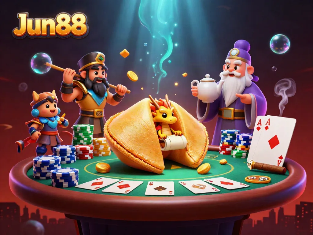 Experience the vibrant atmosphere of Jun88 with a golden fortune cookie scene featuring dragons, chips, and poker elements.