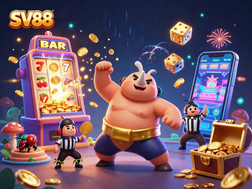 SV88 showcases a dynamic casino scene with a vibrant beetle champion amidst games and gold.