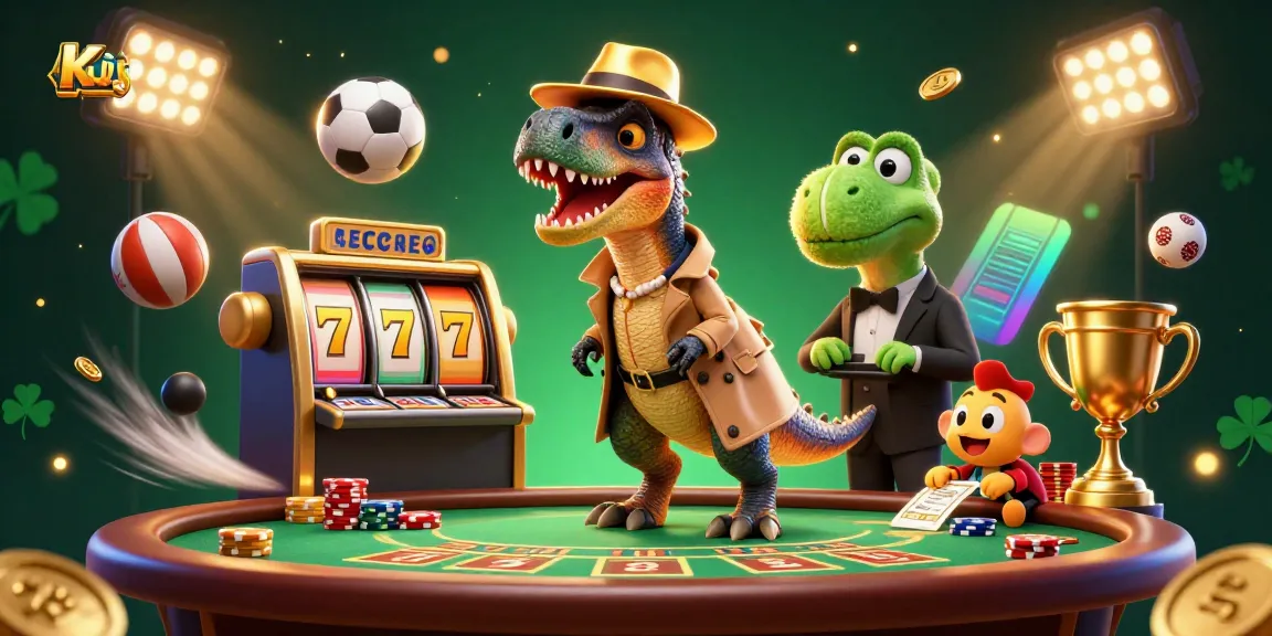 Kuwin-themed playful casino scene featuring a cartoon velociraptor card counter, enhanced by vibrant gaming elements.