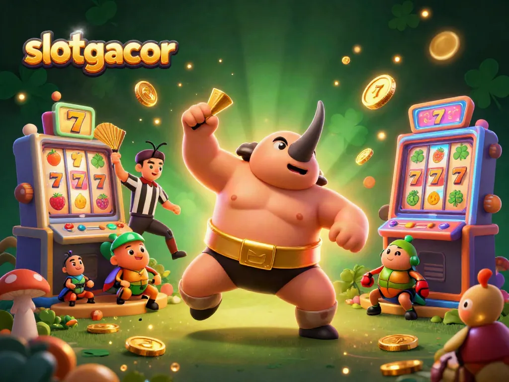 Experience the excitement of slot gacor with a dynamic 3D scene featuring colorful coins and festive elements.