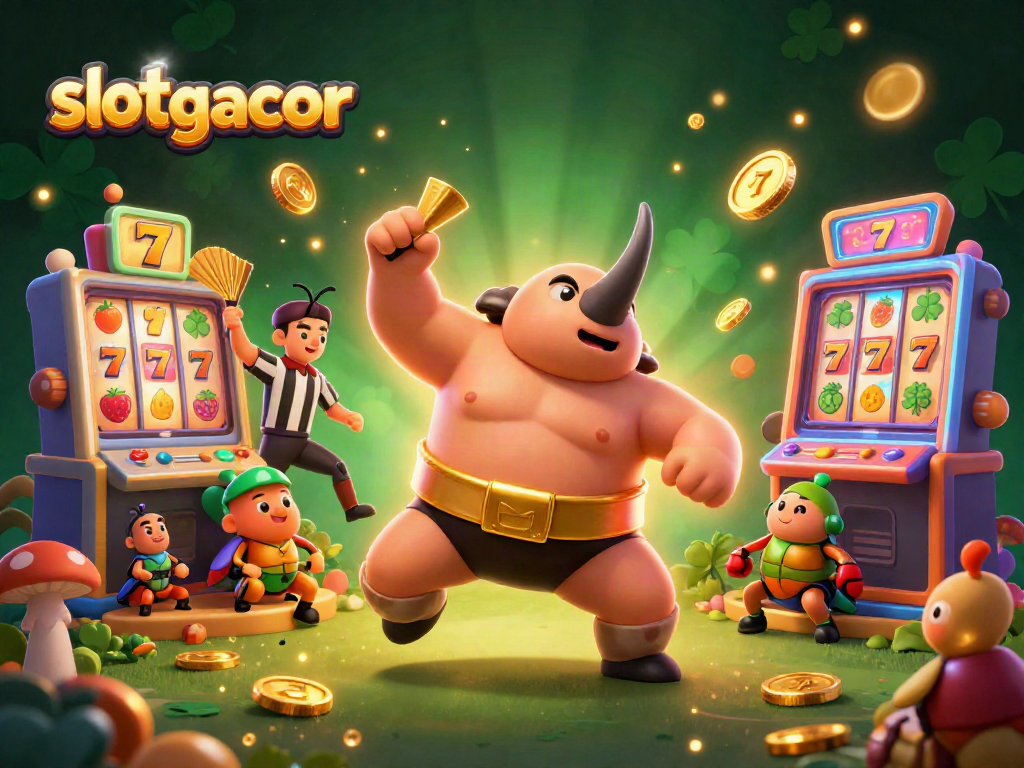 Experience the excitement of slot gacor with a dynamic 3D scene featuring colorful coins and festive elements.