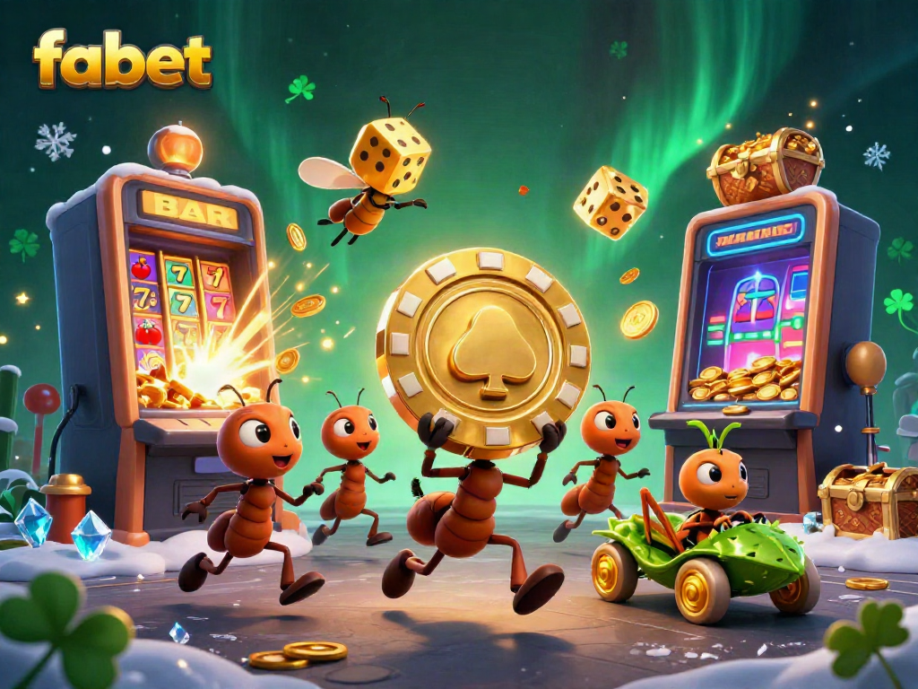 Experience the excitement at fabet with ants heisting a golden poker chip amidst a festive casino backdrop.