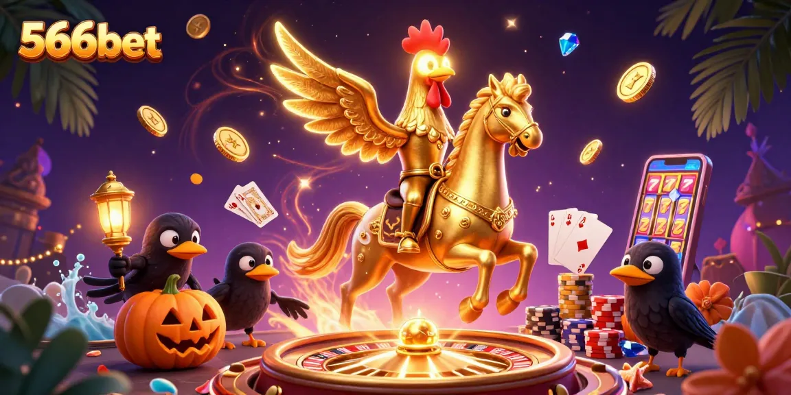 Engage with thrilling games at 566bet as a golden rooster leads the casino adventure with dazzling prizes.