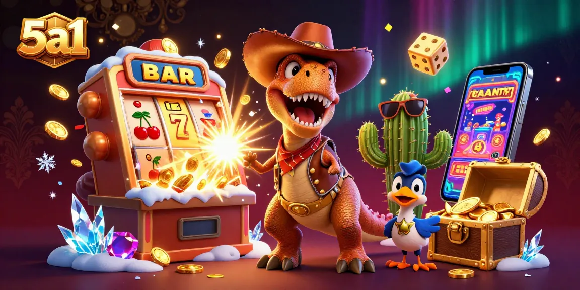 Engage with 5a1's vibrant 3D casino scene showcasing T-Rex, slot machines, and jackpot action.