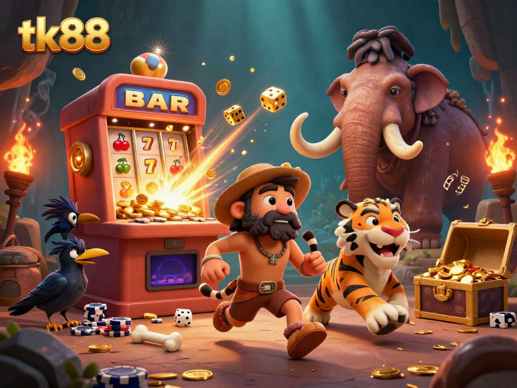 Experience the excitement of tk88 with a colorful prehistoric casino scene featuring unique characters and game elements.