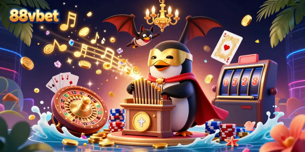 88vbet promotes a vivid scene with a phantom opera penguin playing a golden pipe organ amidst cascading coins and gems.
