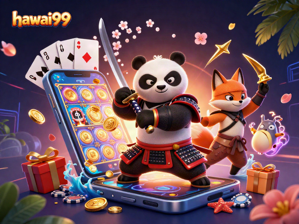 Experience hawai99 gaming with vibrant samurai panda and dynamic casino elements in 3D illustration.