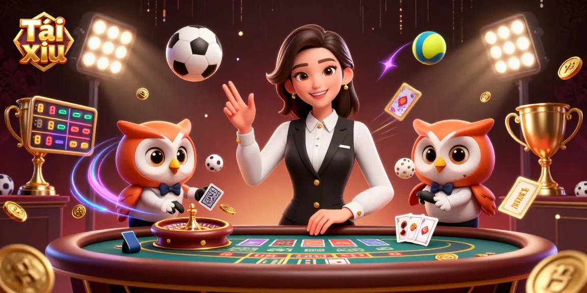 Tài xỉu online gaming scene with an Asian dealer and owl assistant at a baccarat table