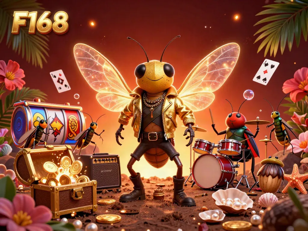 Experience F168's thrilling gameplay with a vibrant scene featuring a rock star cicada, colorful slots, and dynamic casino elements.
