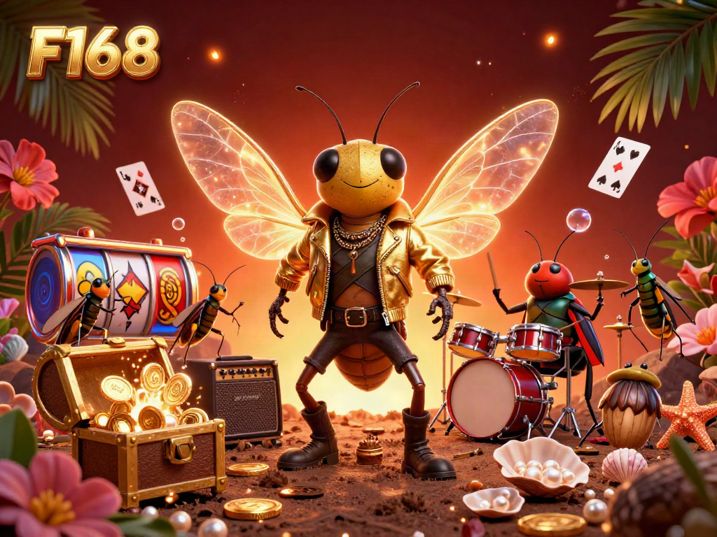 Experience F168's thrilling gameplay with a vibrant scene featuring a rock star cicada, colorful slots, and dynamic casino elements.