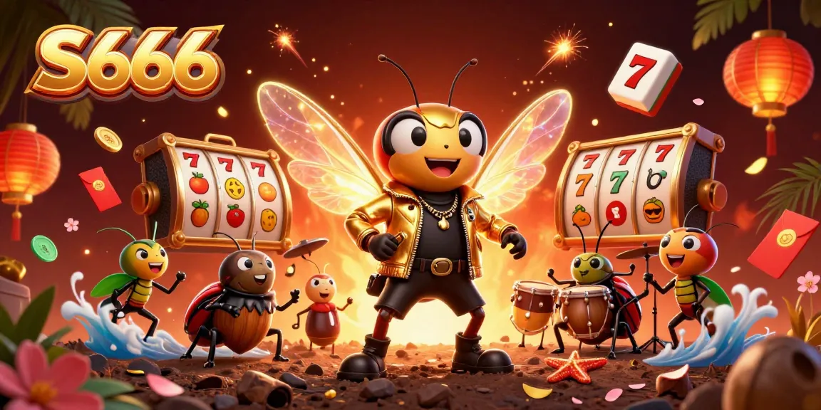 S666 engages players with a thrilling casino scene showcasing vibrant slot reels and a lively rock star ensemble.