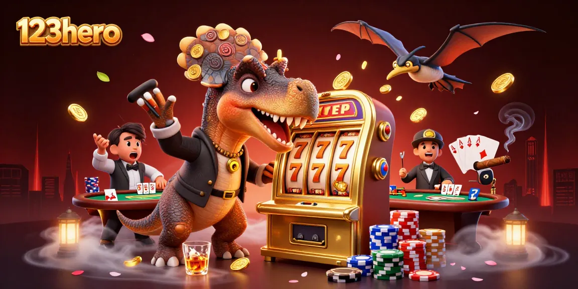 123hero’s cartoon dinosaurs engage in winning actions at a vibrant casino scene with dynamic game elements.