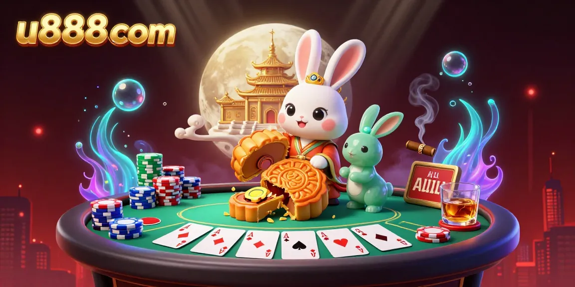 Experience the vibrant scene of u888com as the moon rabbit reveals poker chips, blending folklore and gaming.