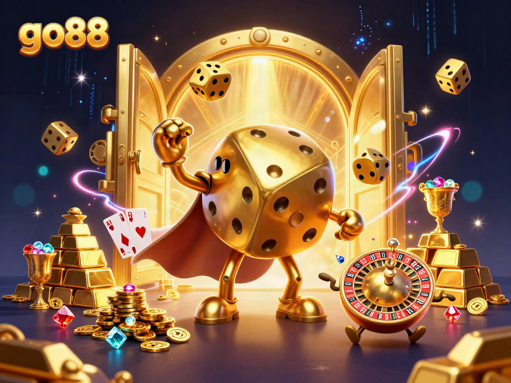 Engage with go88 by rolling golden dice with vibrant casino elements in this dynamic digital illustration.