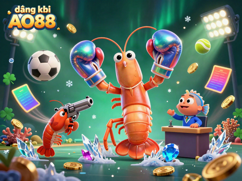 Exciting scene depicting đăng ký AO88 with a 3D cartoon mantis shrimp and vibrant sports elements, capturing casino energy!