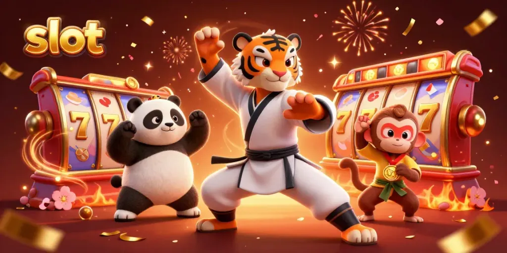 Engage with slot game excitement through a dynamic scene featuring kung fu characters amidst vibrant reels and confetti.
