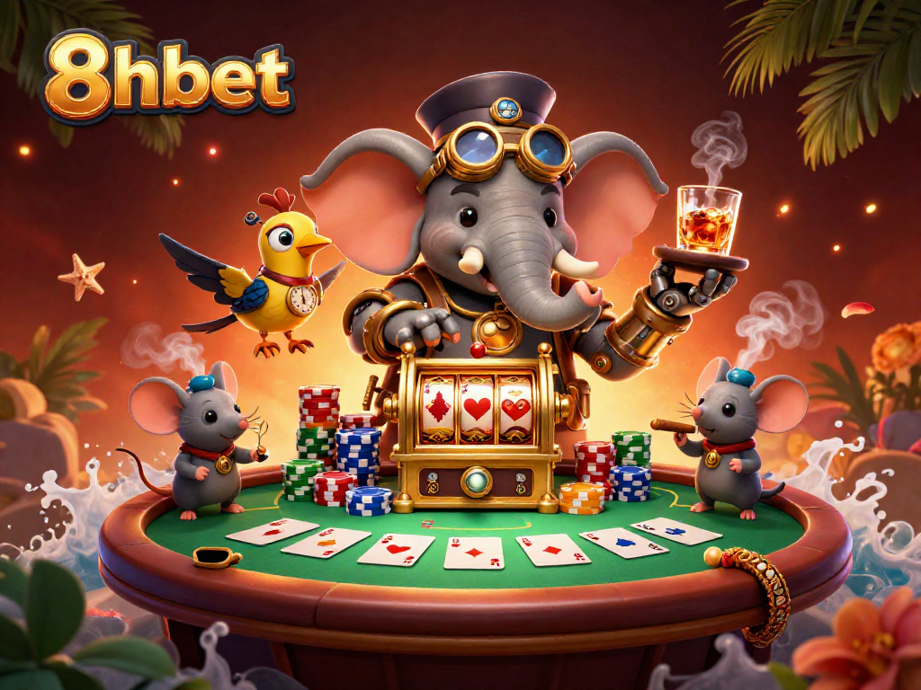 Experience the thrill of 8xbet with vibrant casino action, showcasing steampunk characters and rich gambling elements.