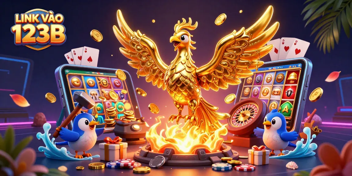 Experience excitement with LINK VÀO 123B featuring a stunning golden phoenix amidst a vibrant casino theme.