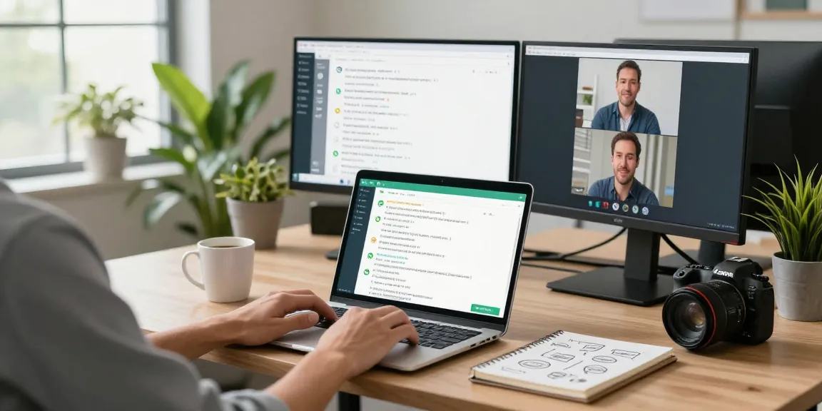 Accessing WhatsApp網頁版 on laptop in a modern office workspace, showcasing productivity and communication.