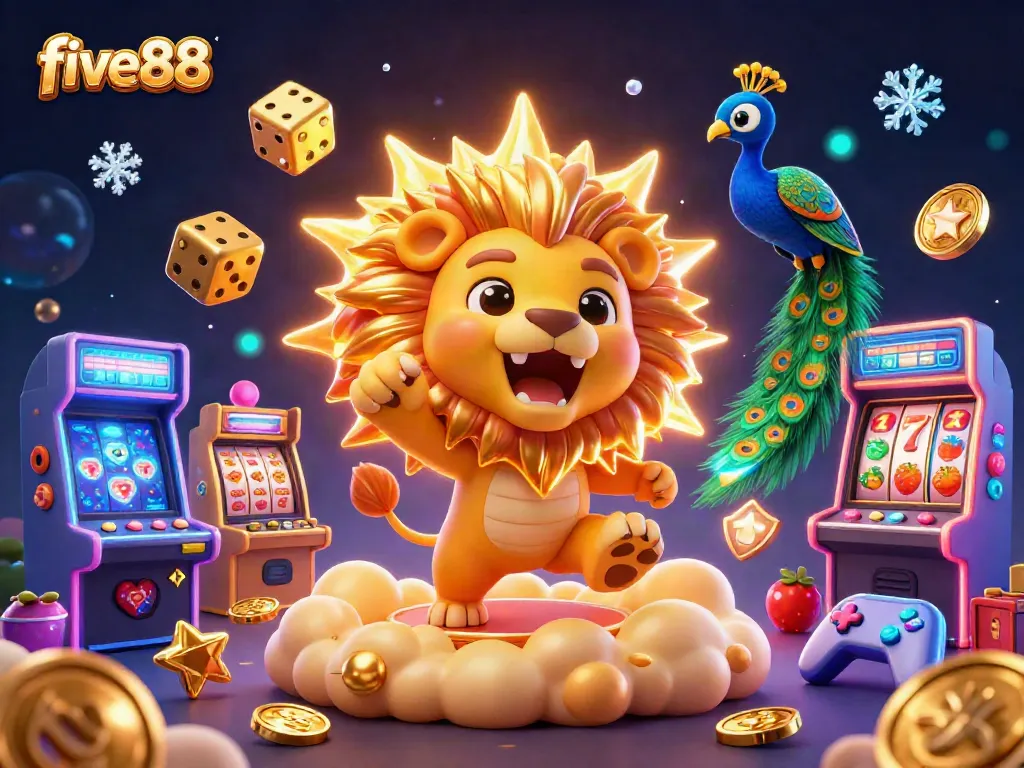 Engage with five88's thrilling gameplay dynamics illustrated with bright 3D elements like slot reels and golden coins.