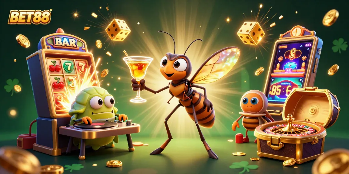 Experience vibrant gameplay with BET88 as the animated mosquito mascot holds a golden cocktail, creating a lively casino atmosphere.