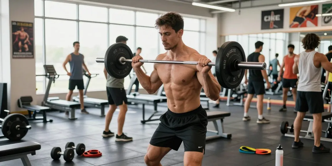 Lebendige Szene im Anabolika Shop Deutschland Fitnessstudio mit Sportlern, die Gewichte heben und für Wachstum trainieren.