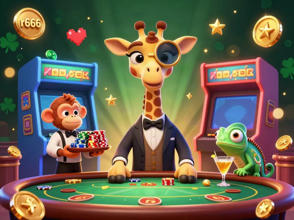 Celebrate wins at R666 where the high-roller giraffe and friends enjoy vibrant casino games.