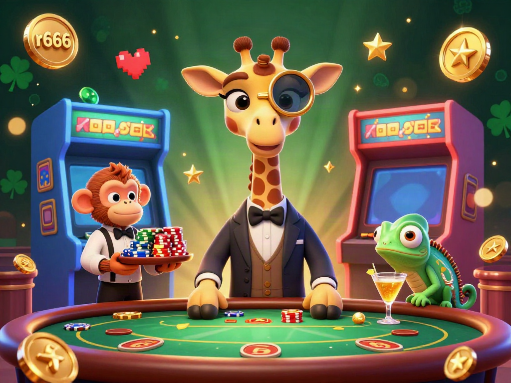 Celebrate wins at R666 where the high-roller giraffe and friends enjoy vibrant casino games.