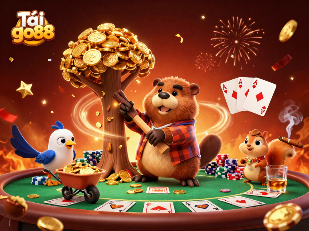 Experience the thrill with Tải go88, as beavers chop trees raining coins at a lively casino.