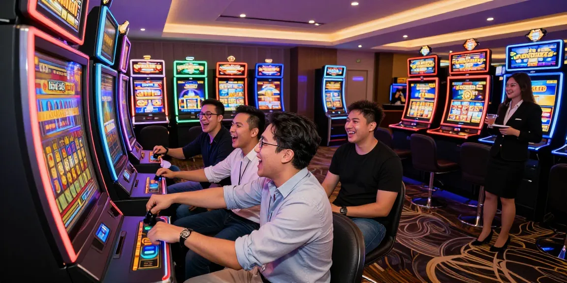 Excited friends at a vibrant gaming floor around the link slot gacor, capturing the joy of casino fun.