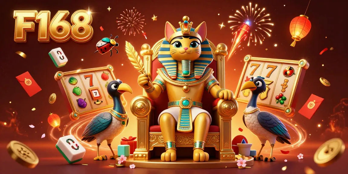 Experience the thrill of F168 with a vibrant 3D casino scene featuring slots and festive elements.
