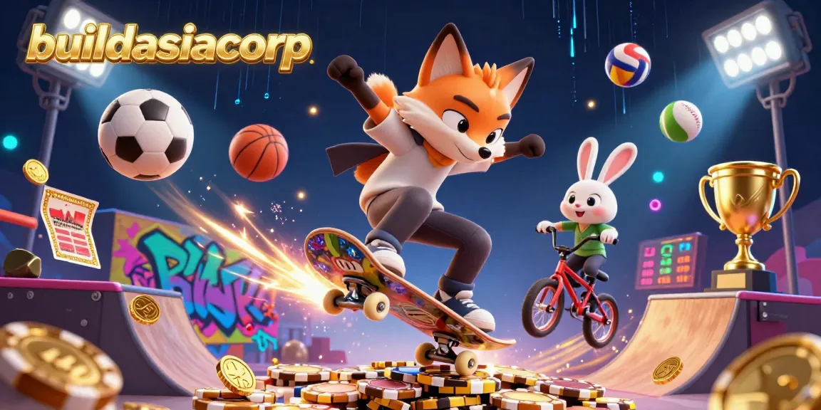 Experience exciting gaming with buildasiacorp in a vibrant casino-themed 3D illustration featuring dynamic characters.