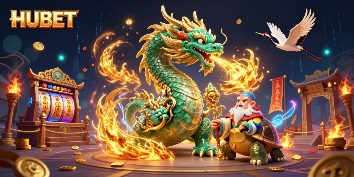 Play thrilling casino games at HUBET with a vibrant emerald dragon and dynamic slot reels.