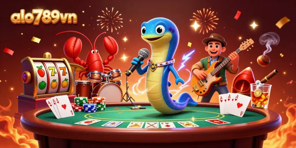Experience the vibrant underwater casino world with alo789vn's lively characters performing electrifying music.