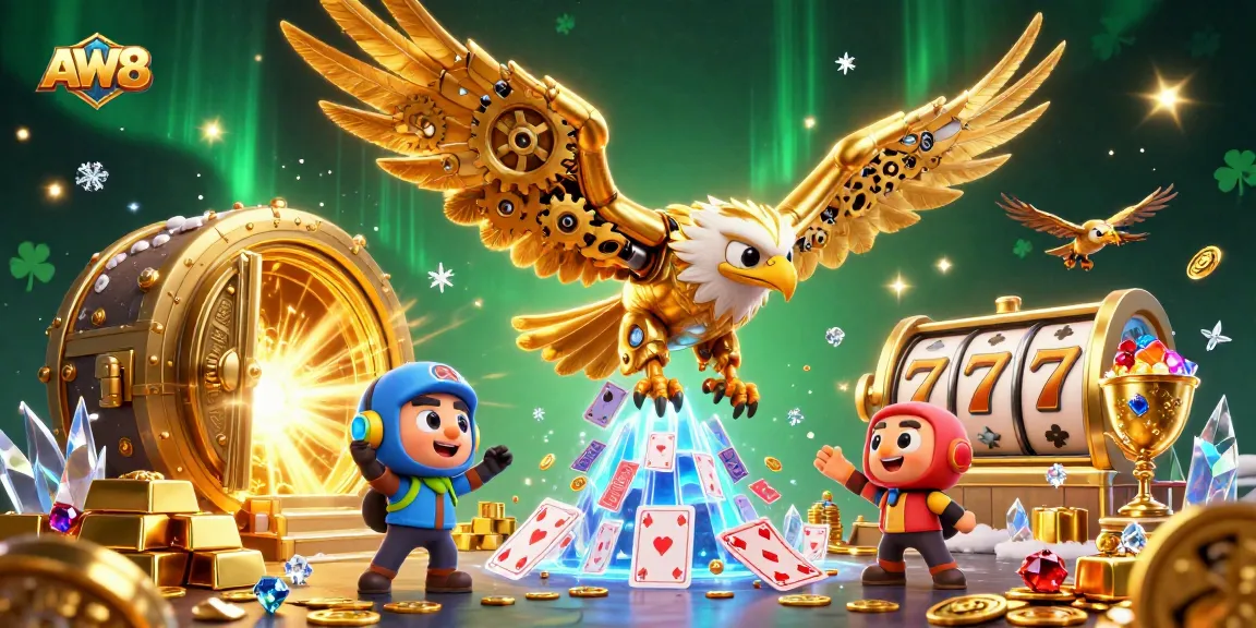 AW8 showcases thrilling slot reels and treasures in a dynamic casino scene