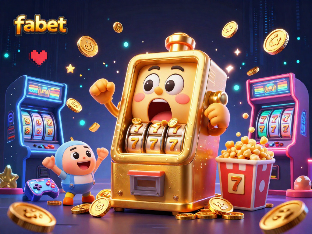Experience fabet's exciting jackpots with a golden slot machine celebrating wins amidst vibrant arcade elements.