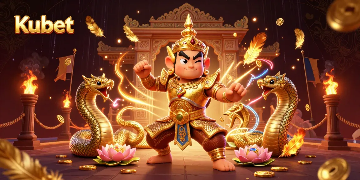 Kubet offers a thrilling gaming ambiance featuring a friendly guardian and magical creatures in a vibrant casino scene.