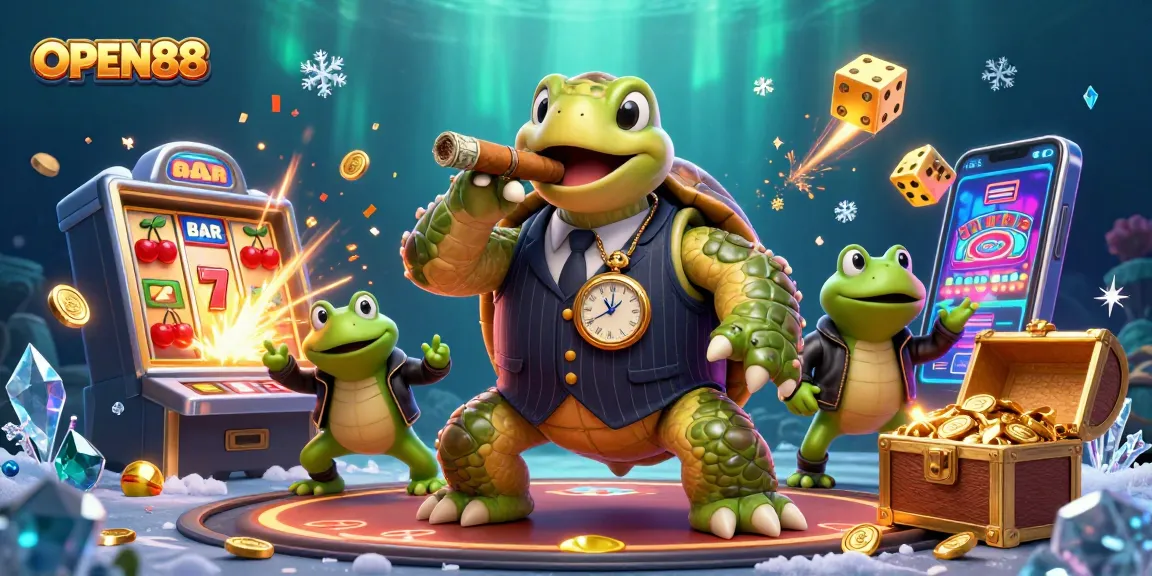 Experience the excitement of OPEN88 with a lively 3D cartoon scene featuring a snapping turtle and bullfrog enforcers.
