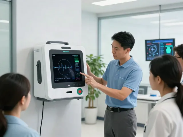 Defibrillator kaufen: Demonstration des semi-automatischen AED in einem modernen Büro mit Fachpersonal.
