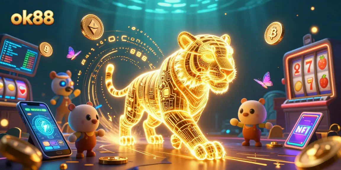 Engage with ok88's vibrant digital casino landscape, featuring a radiant tiger and crypto elements.